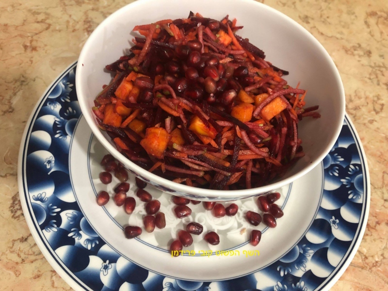 סלט חי סלק תפוחי עץ גזר אפרסמון ורימון ברוטב חמוץ מתוק